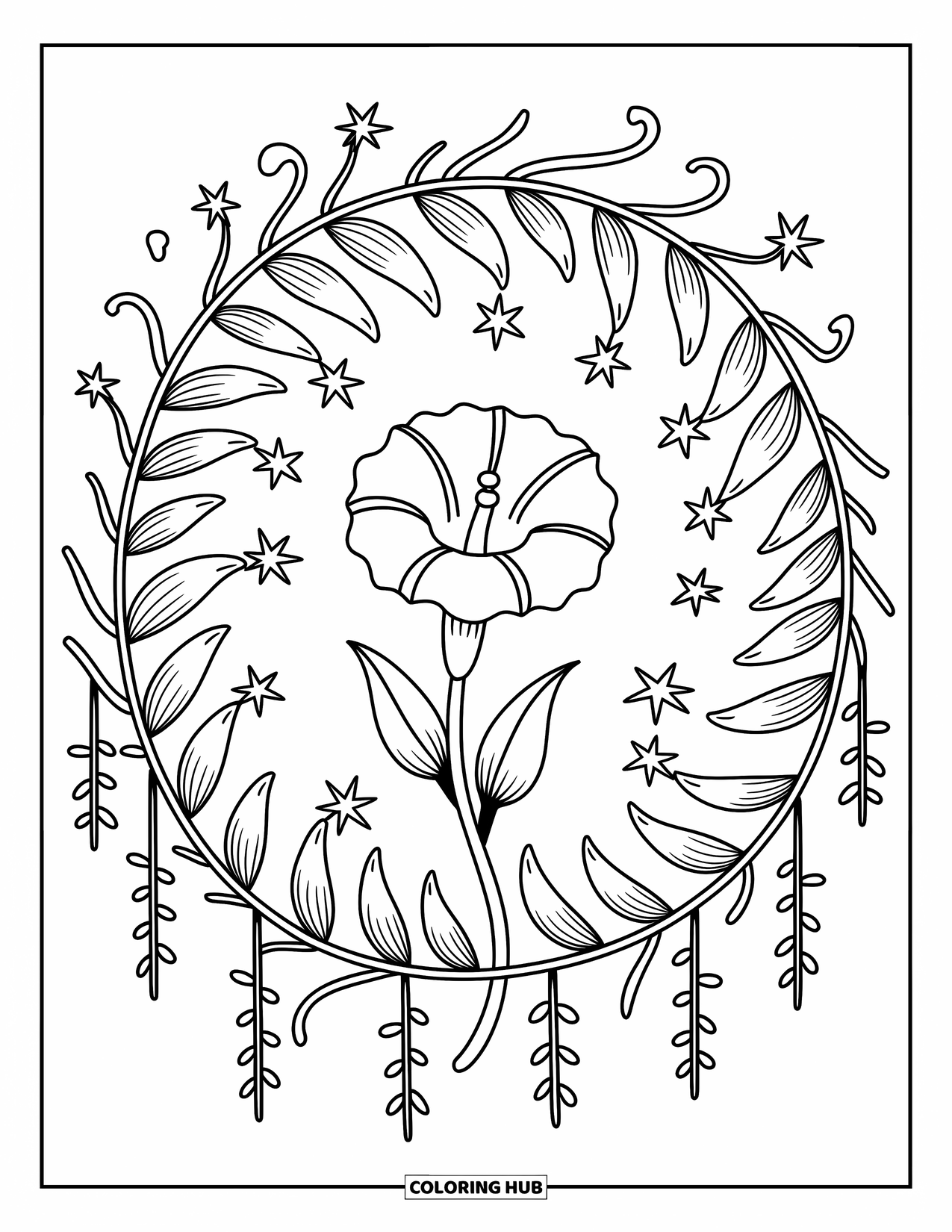 Kolorowanka Mandala dla dorosłych: Kwiat powoju z zakręconymi wąsami i pływającymi gwiazdami w sennym pierścieniu