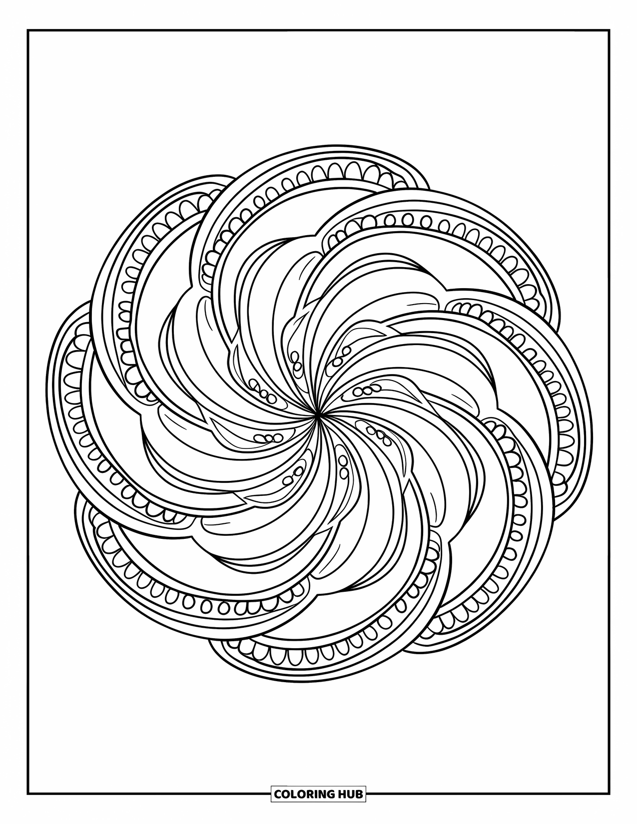 Kolorowanka Mandala dla dorosłych: Mandala z nakładającymi się pasmami z wirującymi kształtami i akcentami kropek