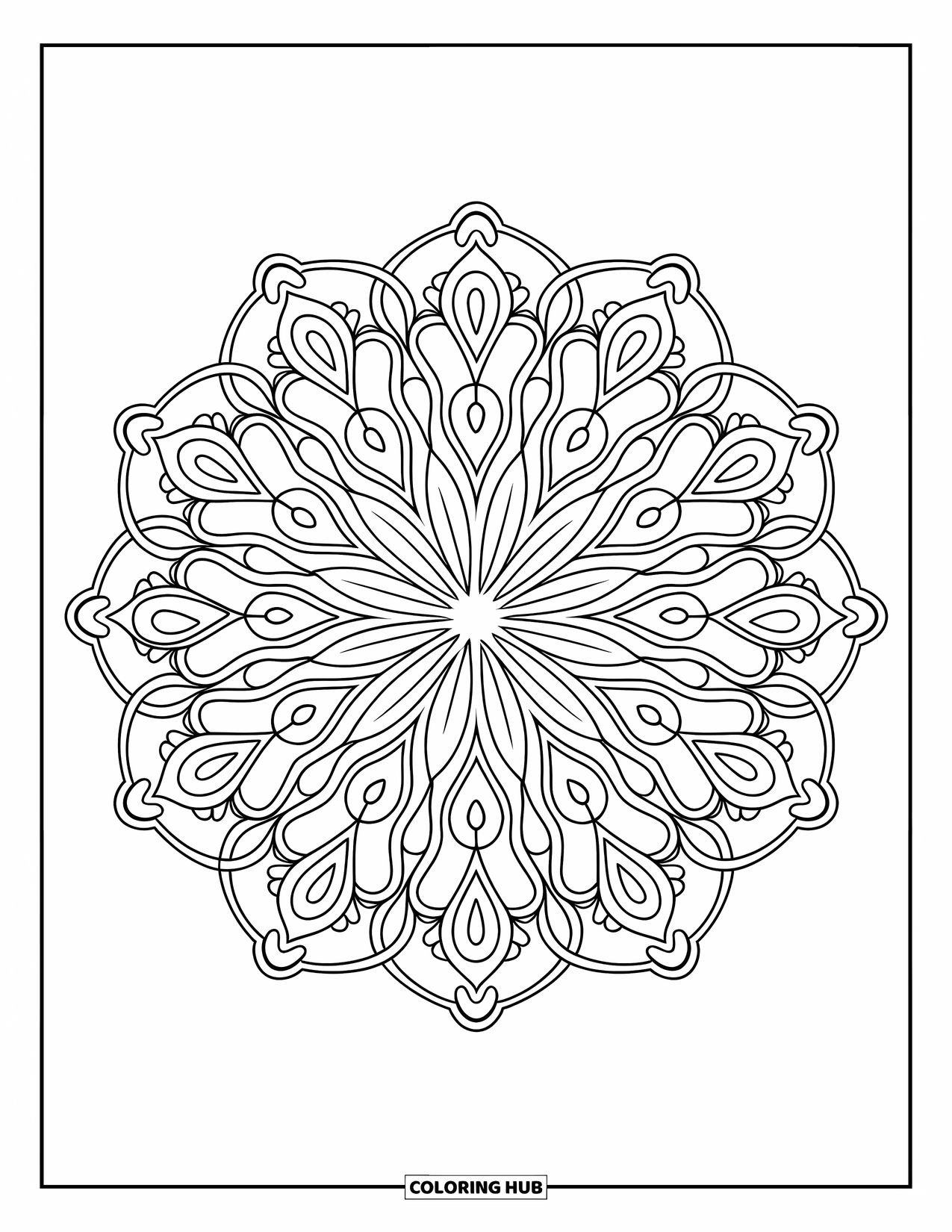 Kolorowanka Mandala dla dorosłych: Mandala z paisley i łezek tworząca złożony wzór pierścienia