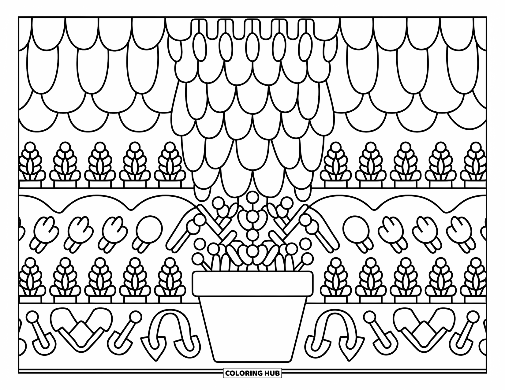 Kolorowanka Mandala dla dorosłych: Doniczka z kwiatami z maleńkimi łopatkami, liśćmi i konewkami dookoła