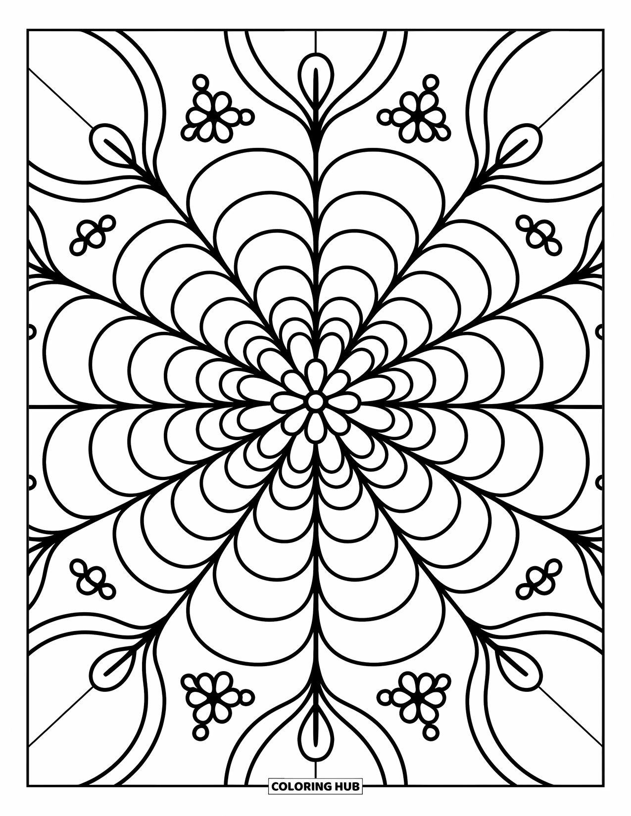 Kolorowanka Mandala dla dorosłych: Pierścienie płatków i pąków otaczające kwiatowe centrum w przytulnym stylu