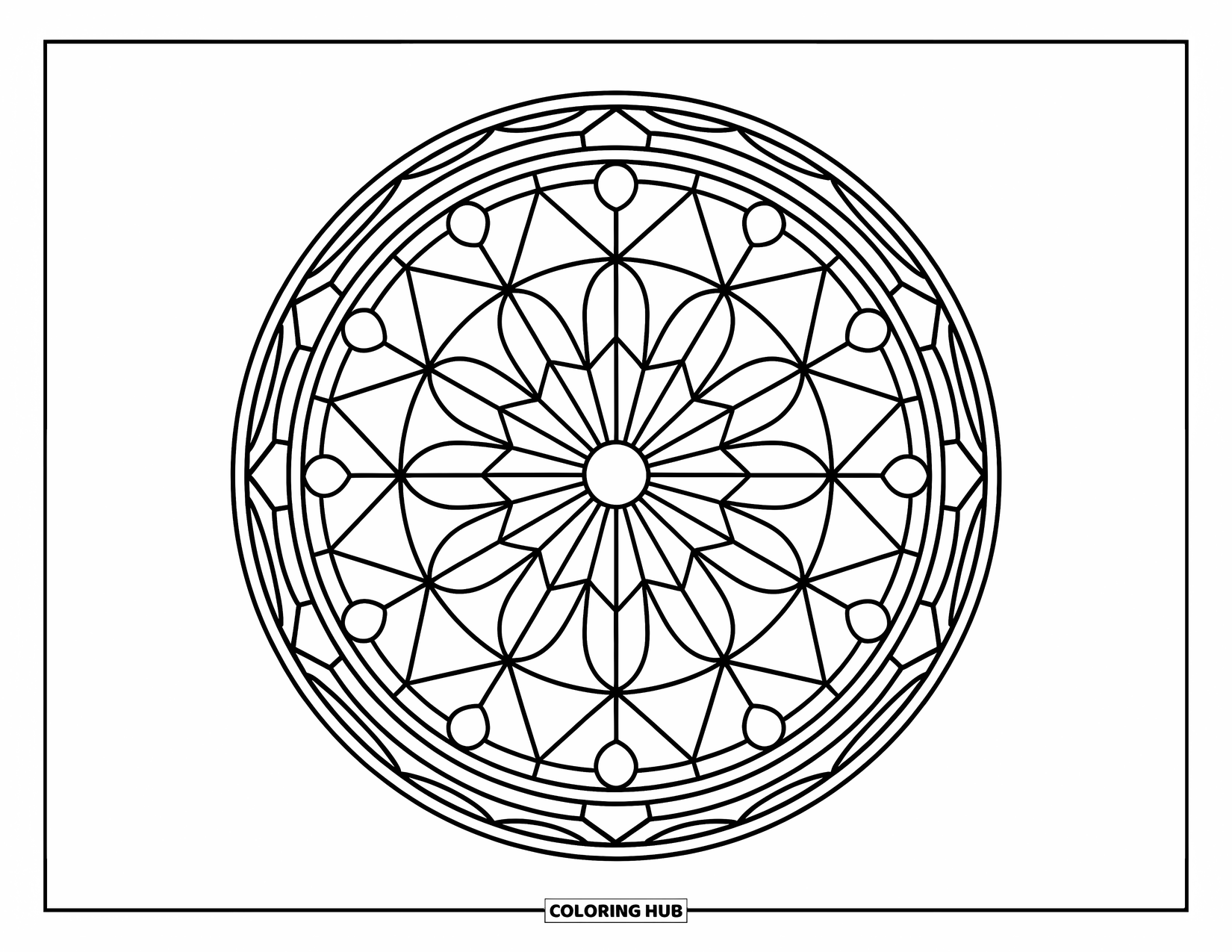 Kolorowanka Mandala dla dorosłych: Mandala inspirowana rozetą okienną z dekoracyjną obwódką i geometrycznymi detalami