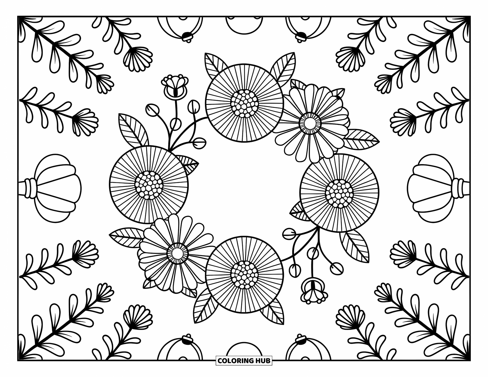 Kolorowanka Mandala dla dorosłych: Okrągły kwiatowy wieniec z maleńkimi dzwoneczkami, jagodami i liściastymi łukami