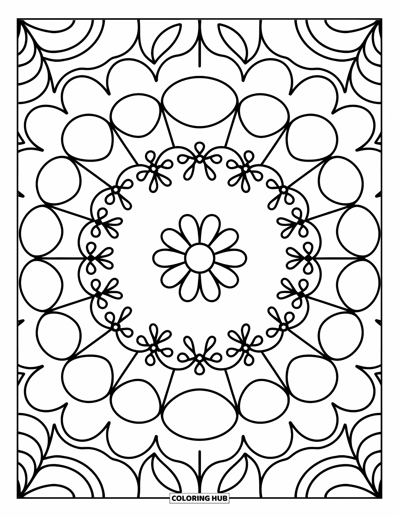 Kolorowanka Mandala dla dorosłych: Małe kwiatowe centrum z miękkimi płatkami, liśćmi i kropkowanymi kwiatowymi pierścieniami