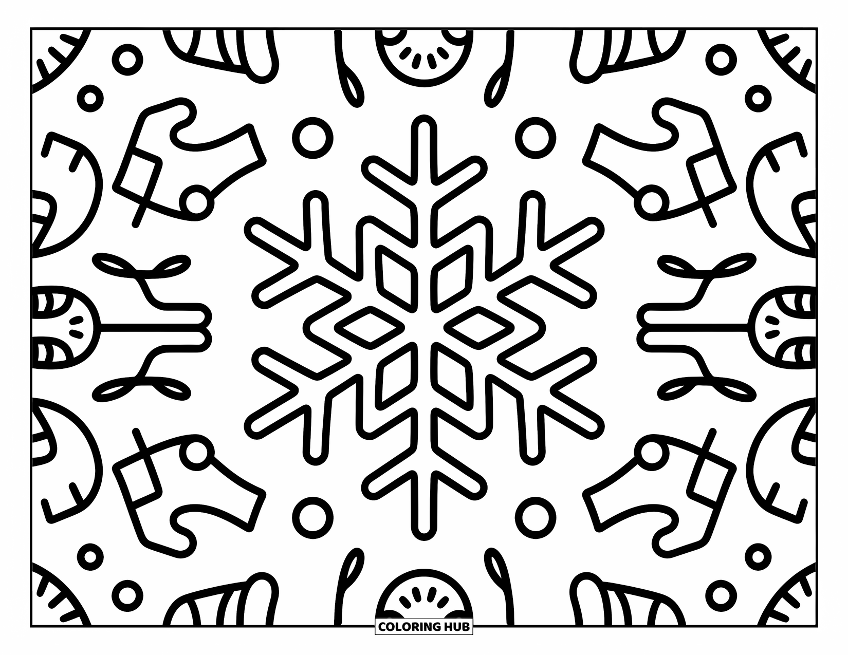 Kolorowanka Mandala dla dorosłych: Płatek śniegu otoczony gwiazdami, miękkimi kropkami i przytulnymi elementami bazgrołów