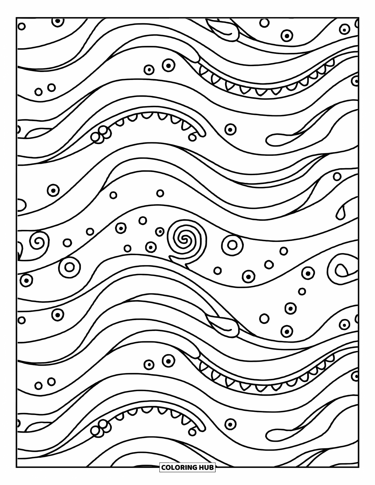 Kolorowanka Mandala dla dorosłych: Spiralne centrum z zakrzywionymi falami, bąbelkami i wzorami kropek dookoła