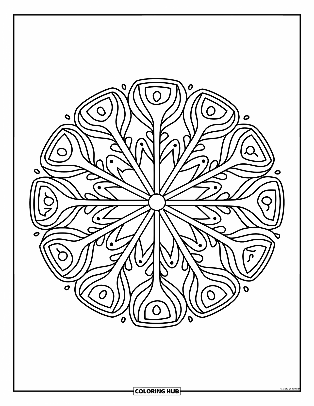 Kolorowanka Mandala dla dorosłych: Szprychowy wzór mandali wypełniony drobnymi kształtami i dekoracyjnymi detalami