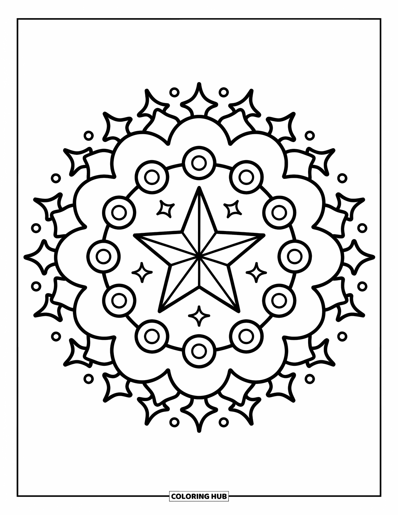 Kolorowanka Mandala dla dorosłych: Gwiazda w centrum z pływającymi iskierkami, kulami i warstwowymi pierścieniami gwiazd