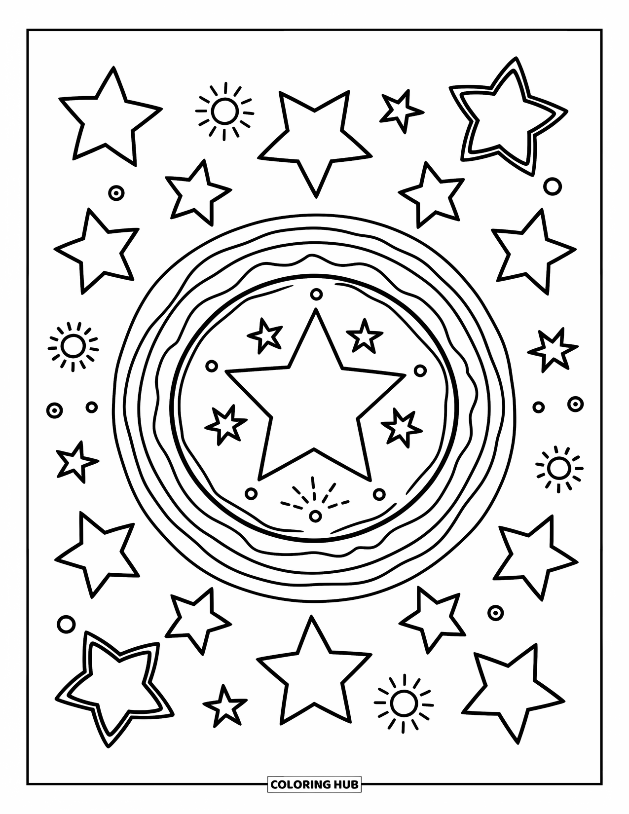 Kolorowanka Mandala dla dorosłych: Mandala gwiazdy z kropkami iskier, małymi kulami i zaokrąglonymi pierścieniami