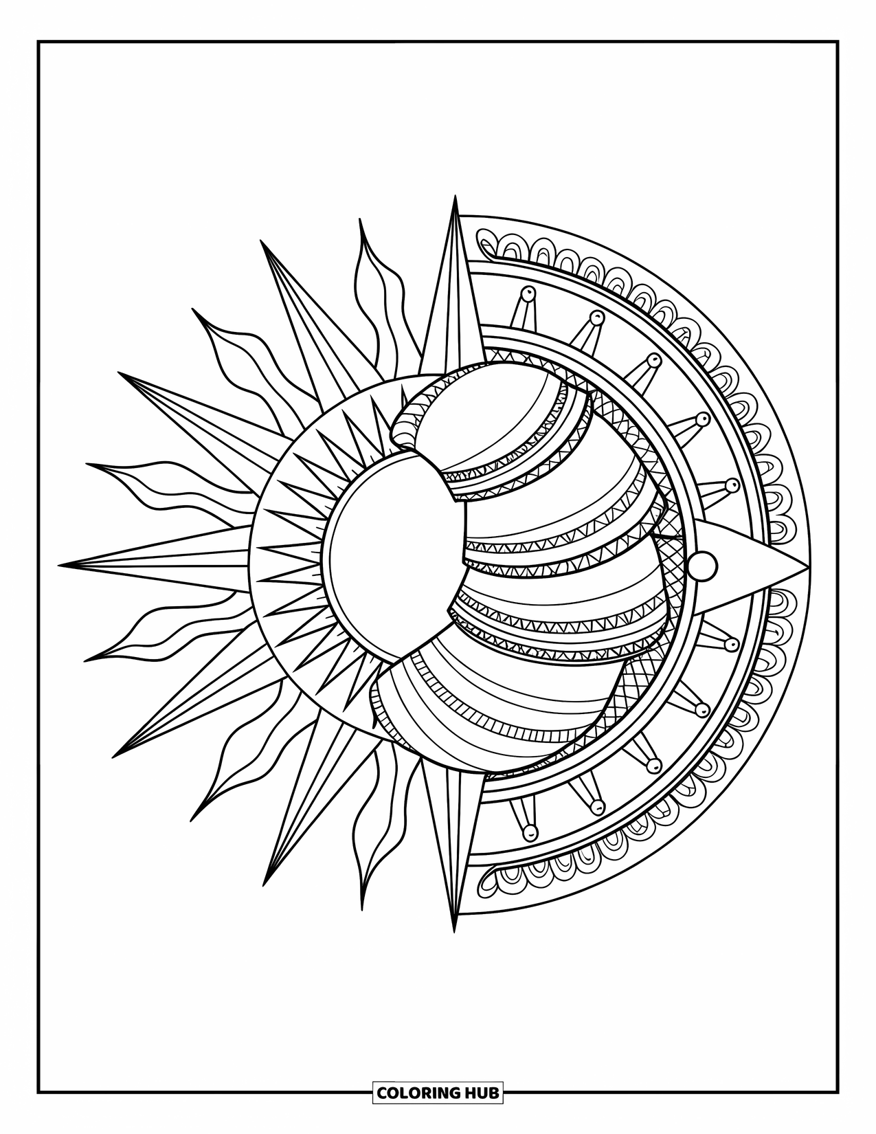 Kolorowanka Mandala dla dorosłych: Słońce i księżyc razem z niebiańskimi pierścieniami i promienistymi promieniami
