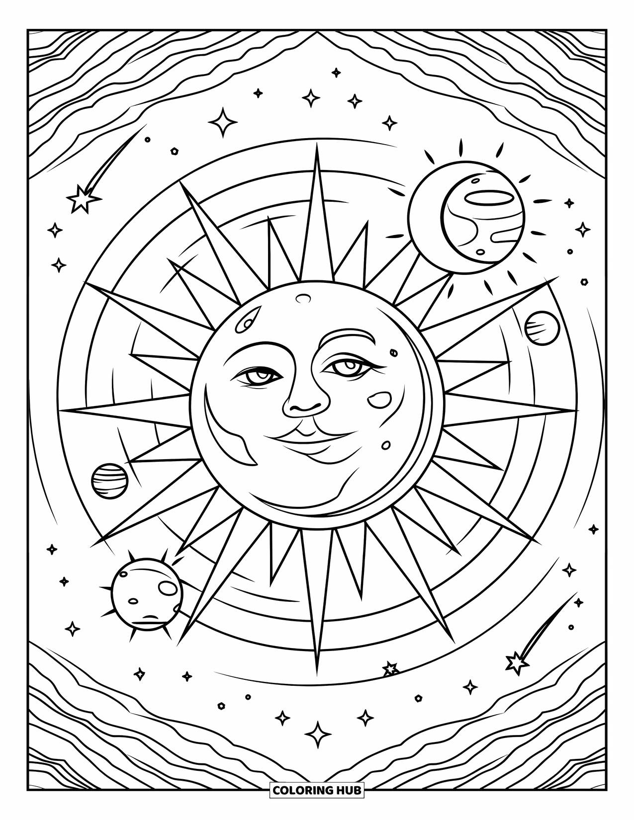 Kolorowanka Mandala dla dorosłych: Słońce i księżyc z planetami, kraterami i gwiaździstym niebem