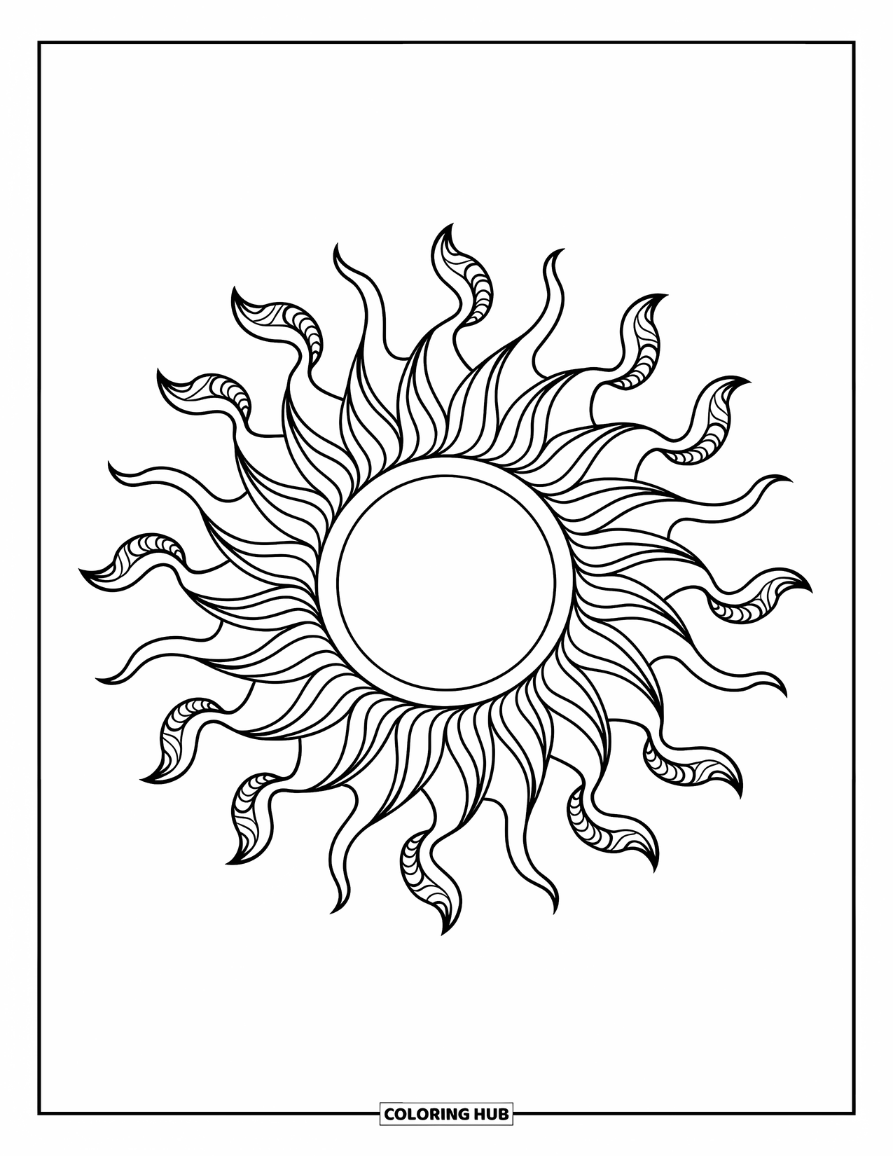 Kolorowanka Mandala dla dorosłych: Mandala słoneczna z promieniami płomieni i zakręconymi pnączami