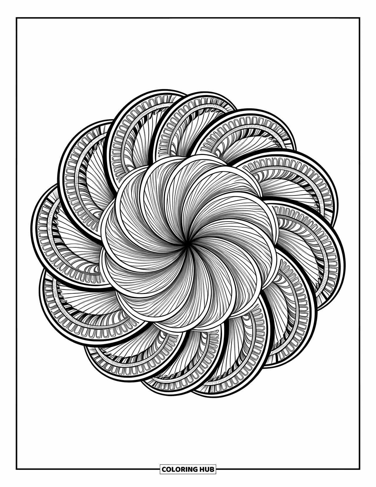 Kolorowanka Mandala dla dorosłych: Symetryczna mandala z warstwowymi pasmami i wirującymi detalami linii