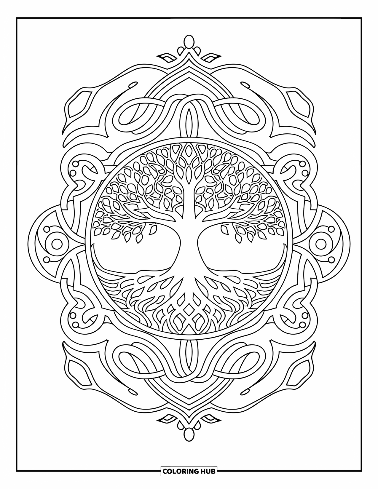 Kolorowanka Mandala dla dorosłych: Symetryczne drzewo życia z płynącymi gałęziami i dekoracyjnymi elementami