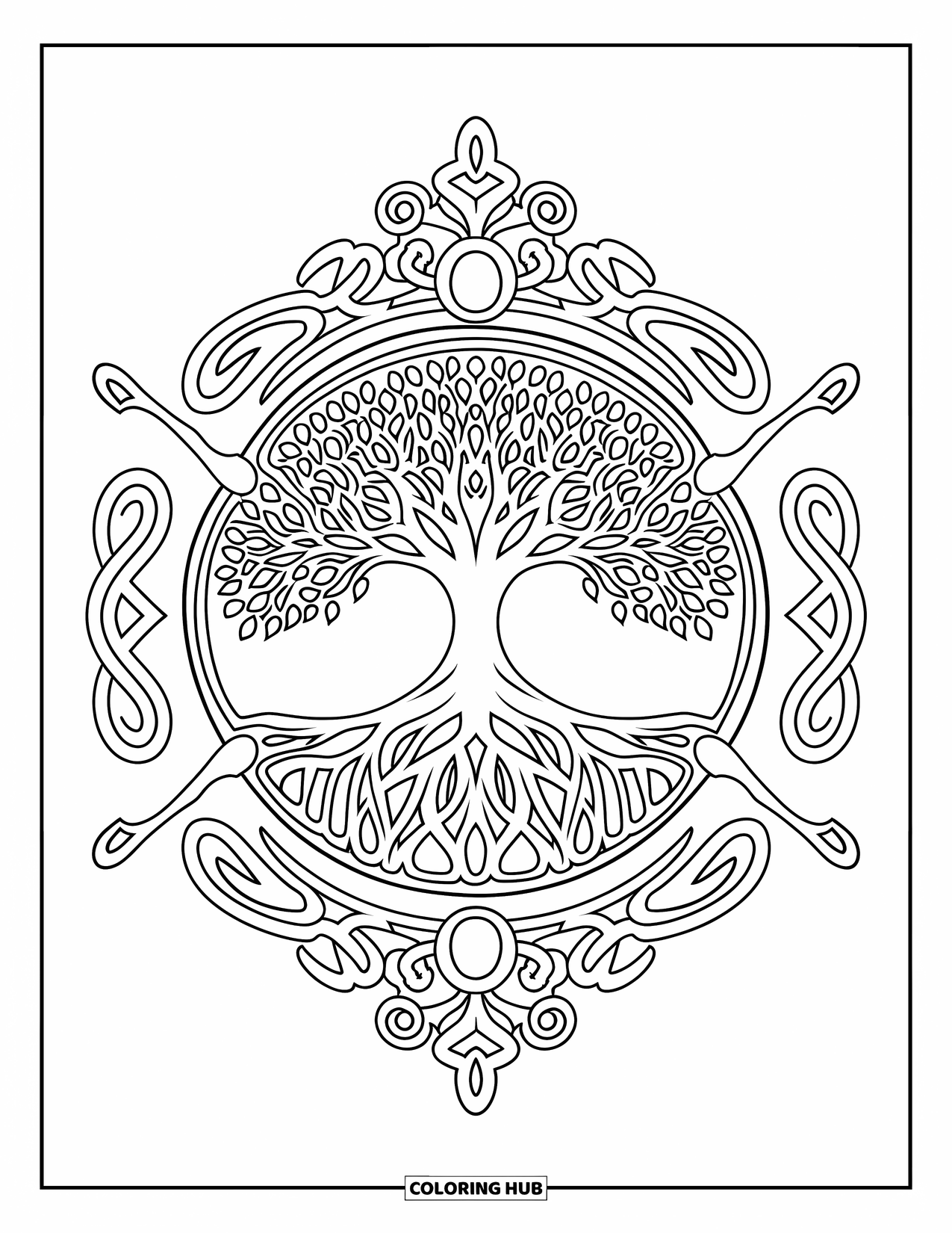 Kolorowanka Mandala dla dorosłych: Drzewo życia otoczone wirującymi gałęziami i artystycznymi detalami