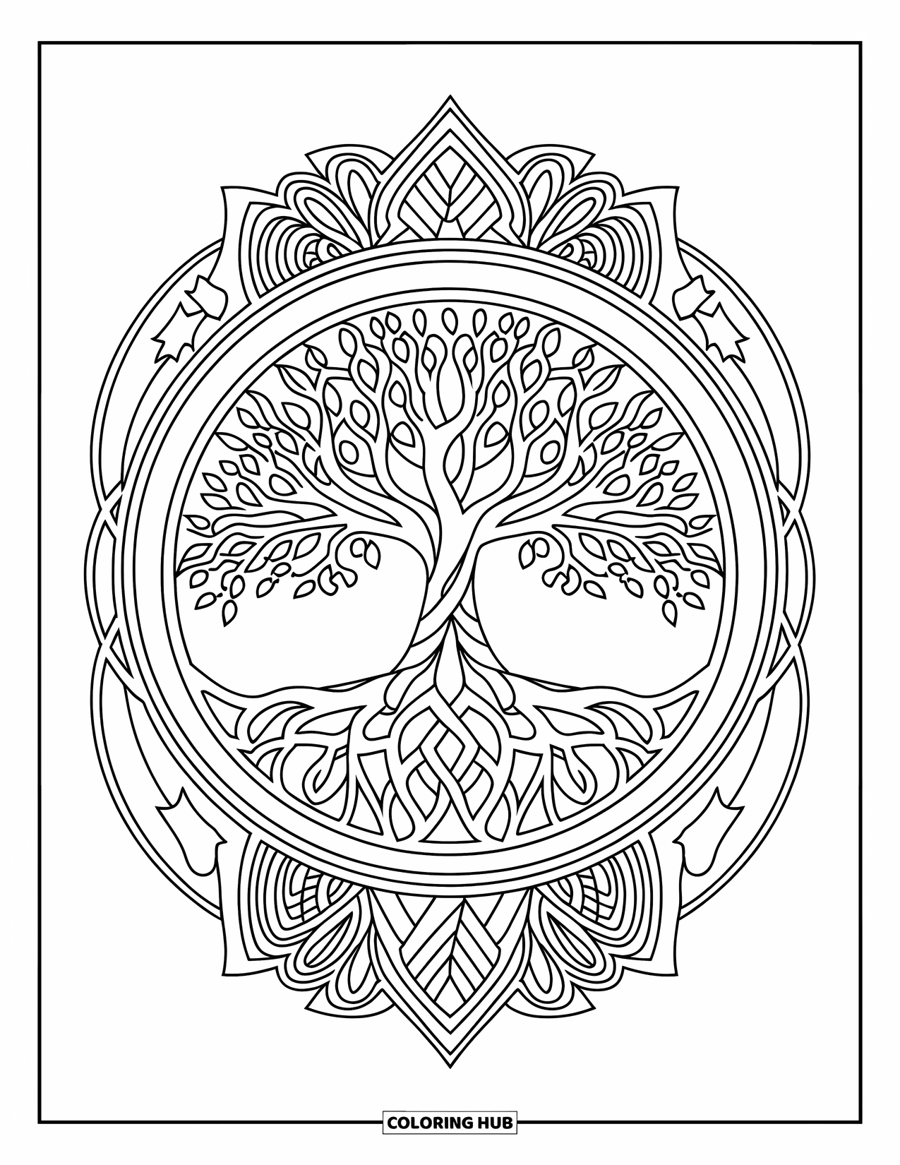 Kolorowanka Mandala dla dorosłych: Drzewo życia z gałęziami i korzeniami tworzącymi piękny okrągły wzór