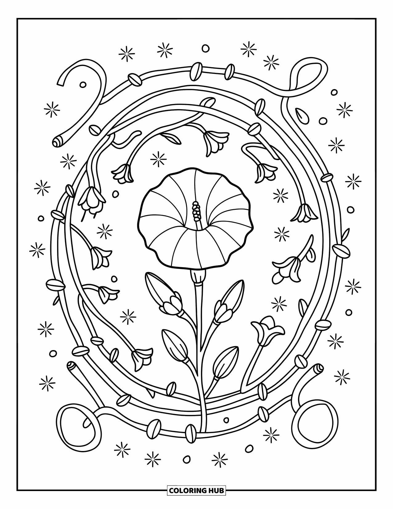 Kolorowanka Mandala dla dorosłych: Kwiaty trąbkowe i zakręcone pnącza otaczają powój w centrum