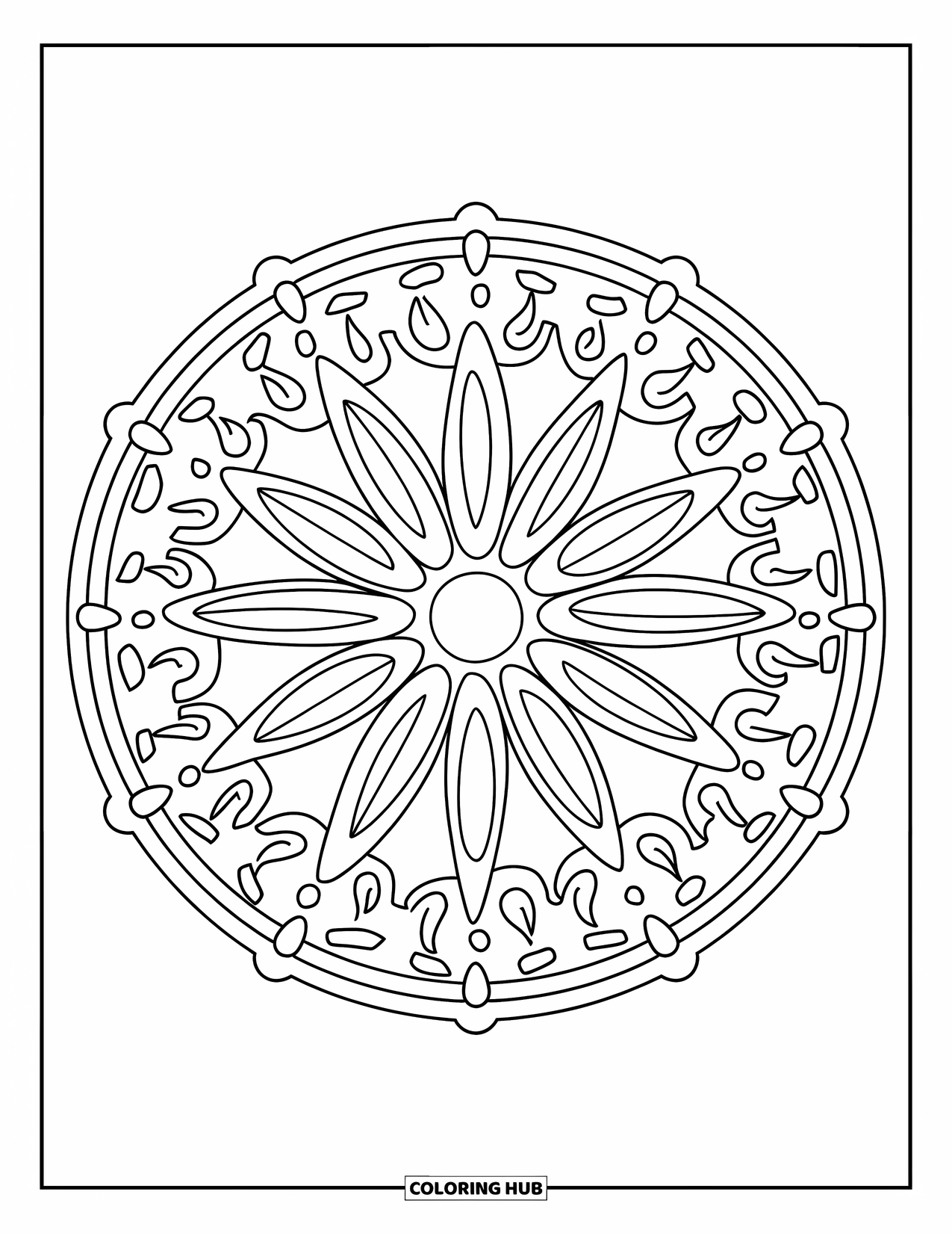 Kolorowanka Mandala dla dorosłych: Mandala inspirowana kołem z miniaturowymi kształtami i zdobieniami