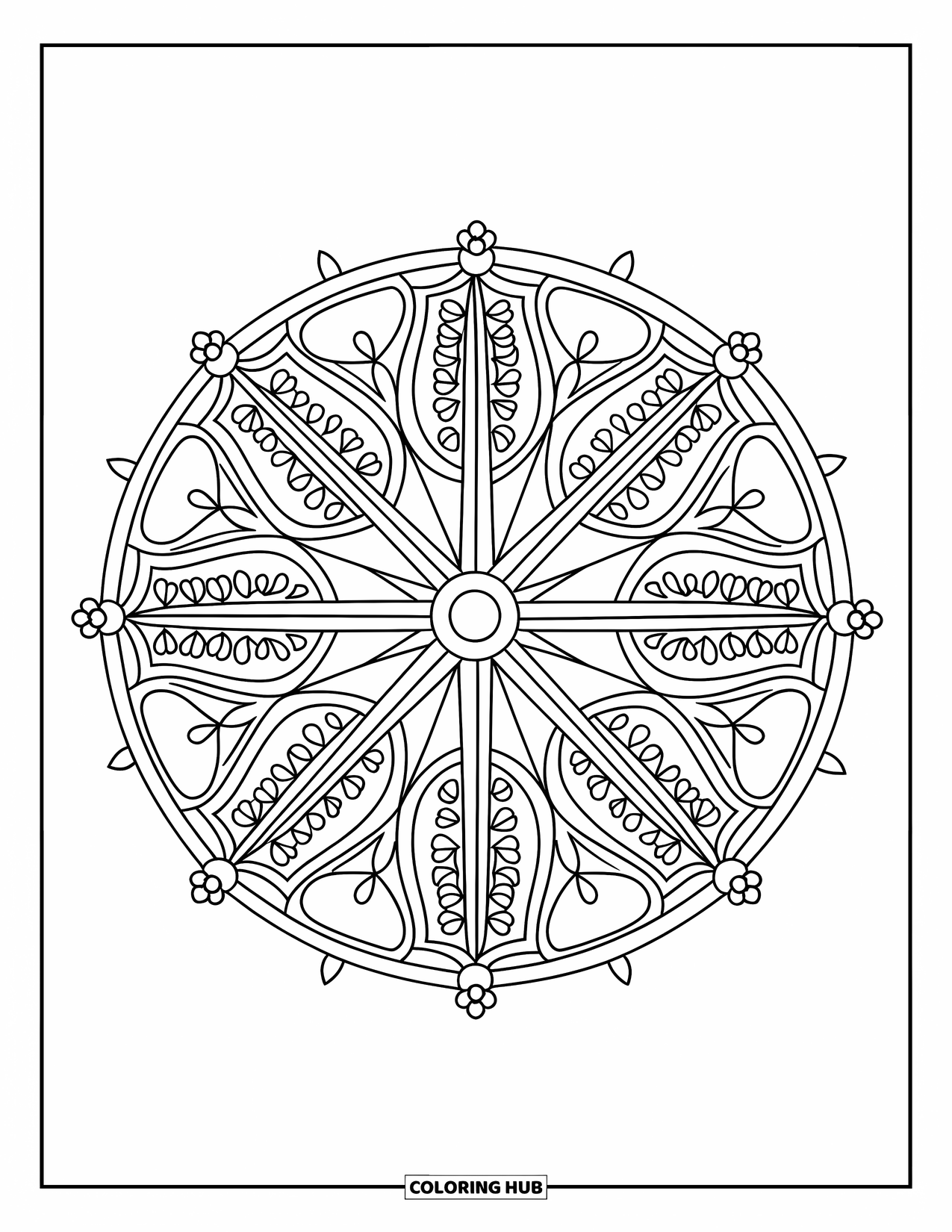 Kolorowanka Mandala dla dorosłych: Mandala w stylu koła ze szprychowanymi podziałami i mini zdobieniami