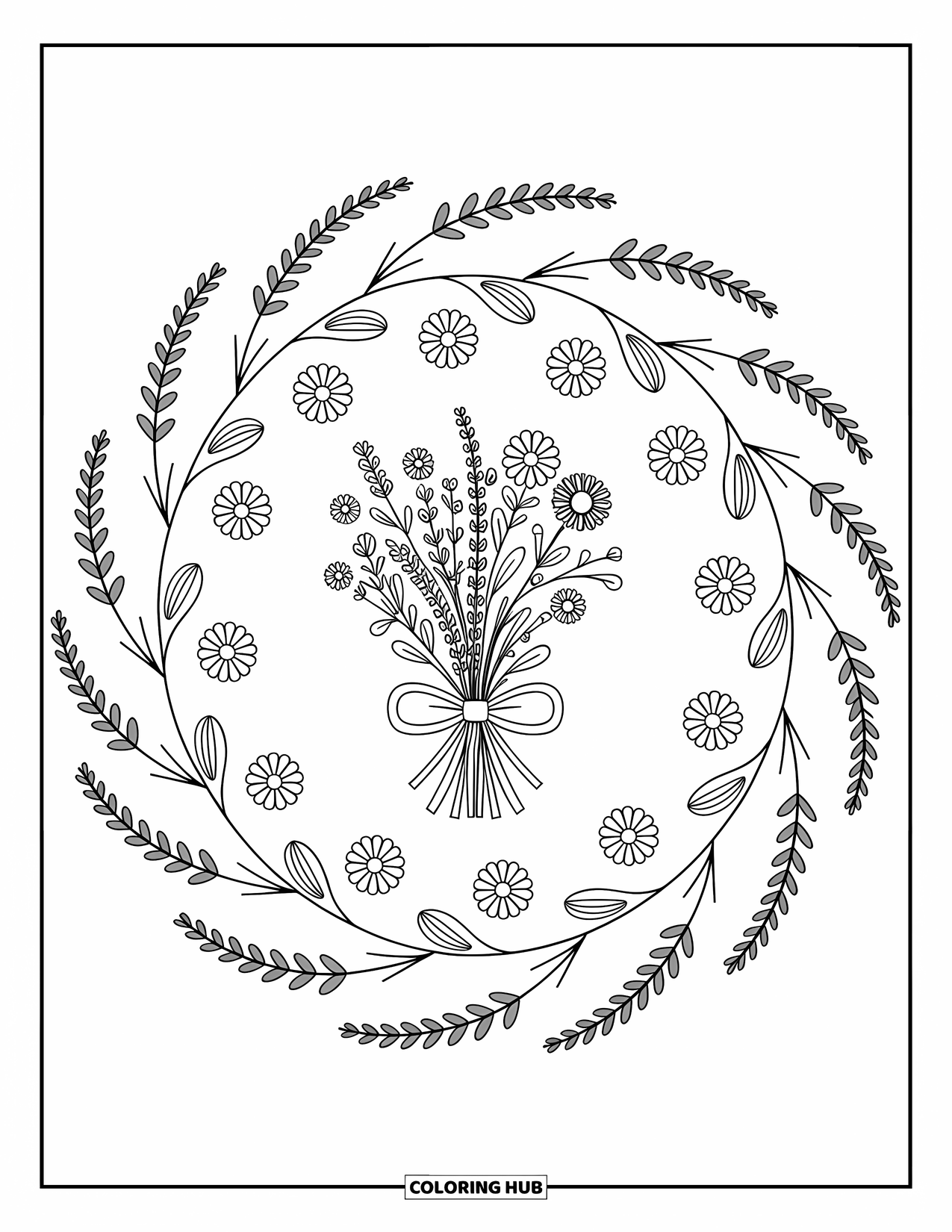 Kolorowanka Mandala dla dorosłych: Bukiet polnych kwiatów z gipsówką i strąkami nasion ułożonymi w miękkich, okrągłych warstwach