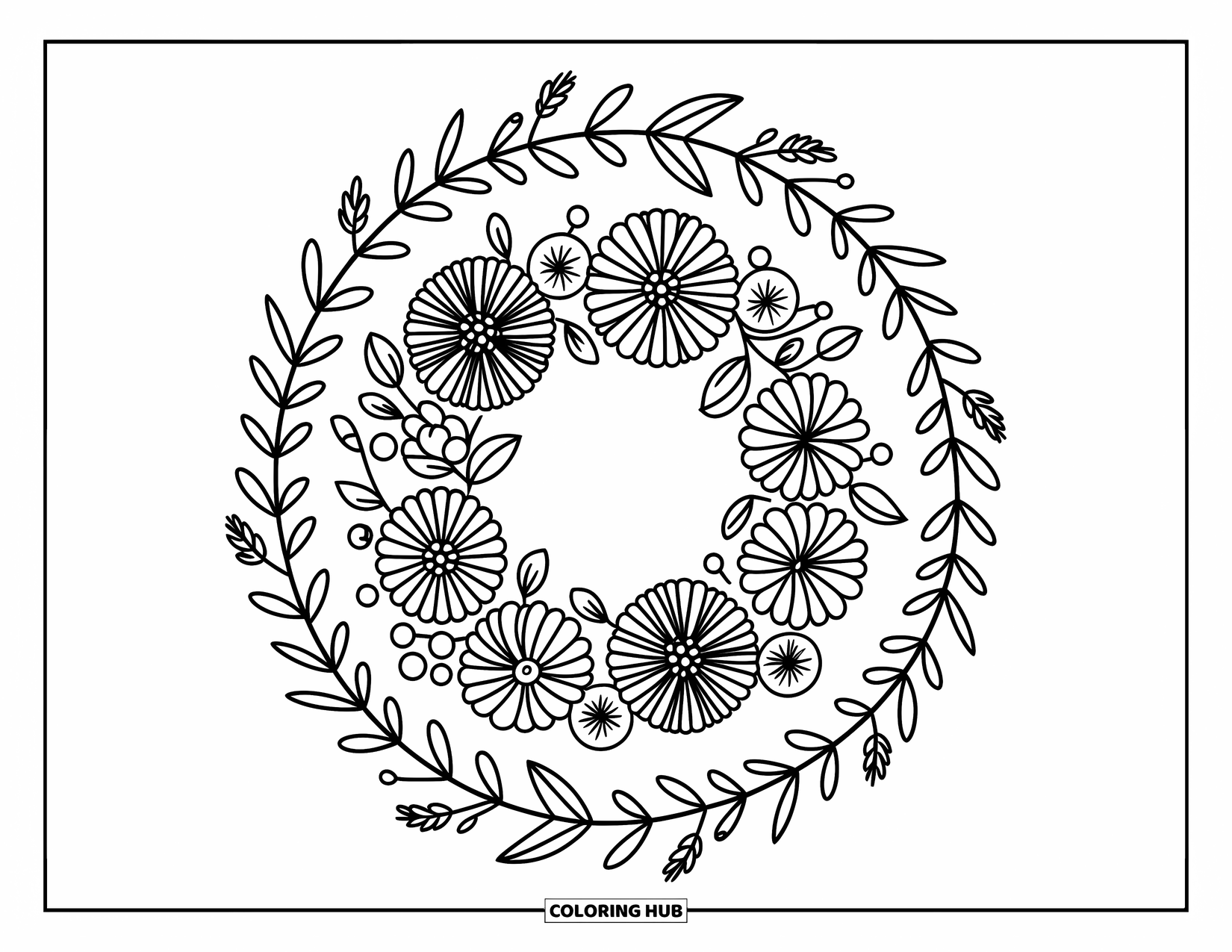 Kolorowanka Mandala dla dorosłych: Wieniec z bratków, jagód i loków wstążki w radosnym okręgu