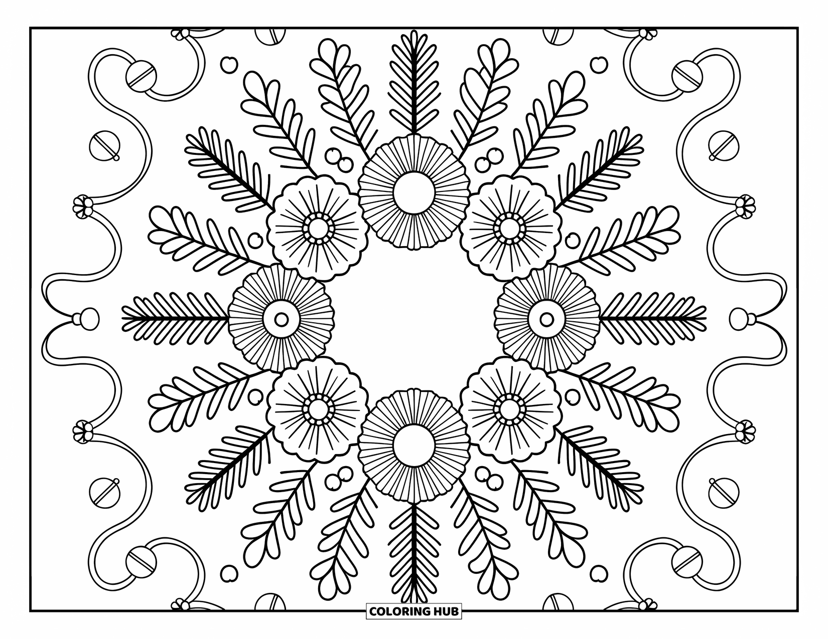 Kolorowanka Mandala dla dorosłych: Wieniec z mieszanych kwiatów, jagód i zakręconych wstążek w uroczym układzie