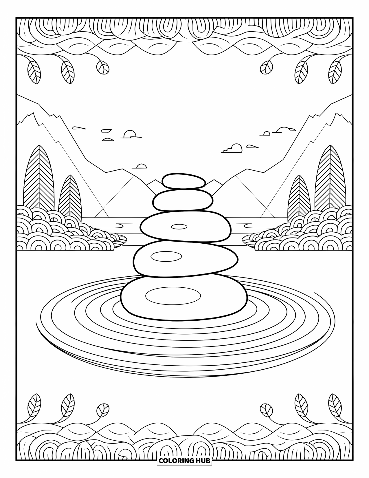 Kolorowanka Mandala dla dorosłych: Mandala z kamieniami zen ze spokojną sceną gór i wody