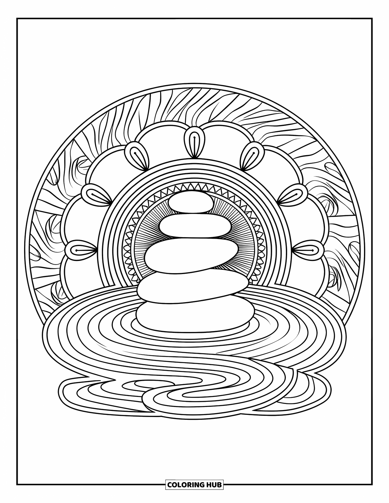 Kolorowanka Mandala dla dorosłych: Stos kamieni zen z liniami fal i wirującymi kształtami mandali