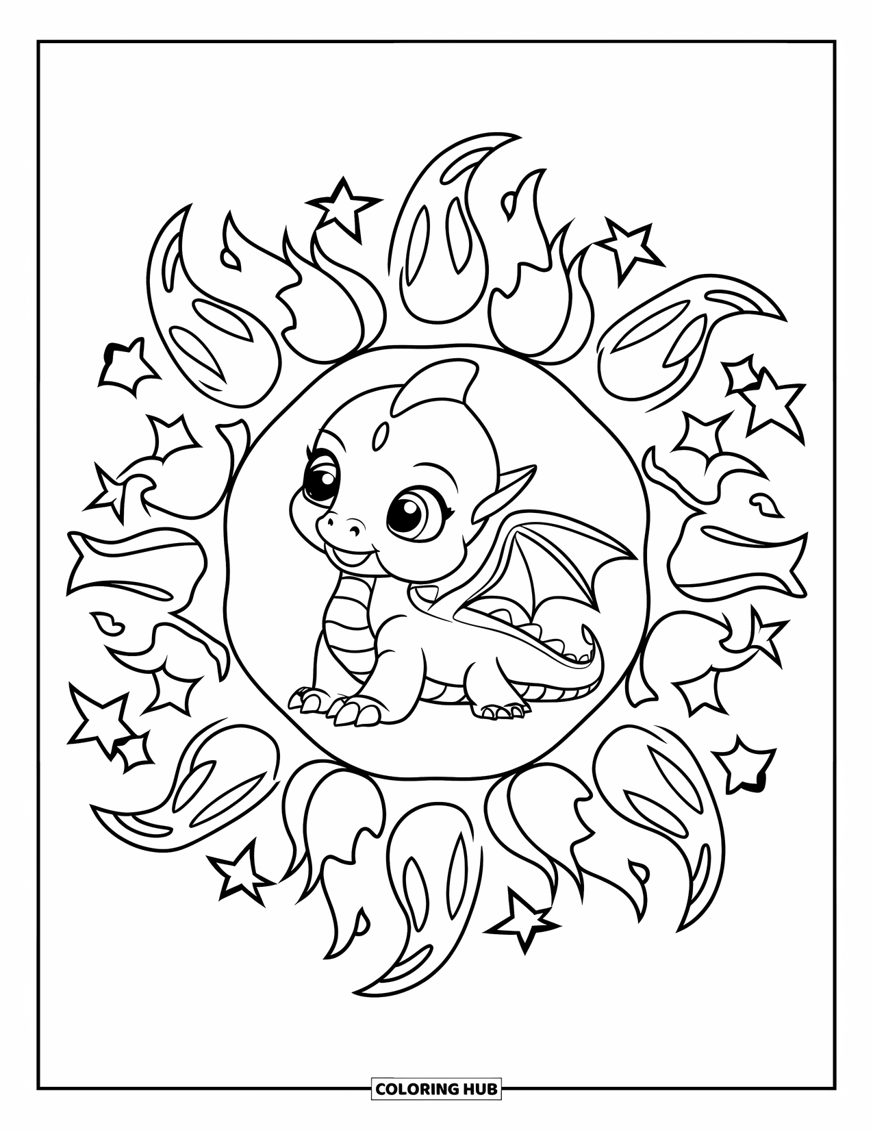 Kolorowanka Mandala dla dzieci: Smoczek w centrum z wirującymi ogniami i skrzydłami tworzącymi mandalę