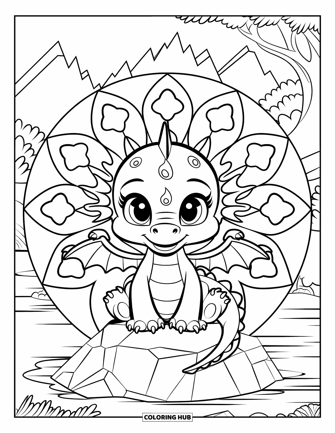 Kolorowanka Mandala dla dzieci: Smoczek na skale z kształtami ognia i gwiazdami dookoła