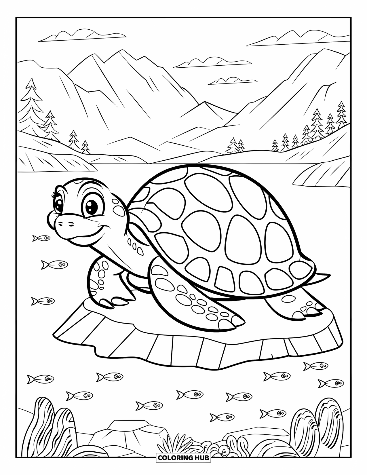 Kolorowanka Mandala dla dzieci: Duży żółw na skale z rybami pływającymi w spokojnej scenerii wodnej
