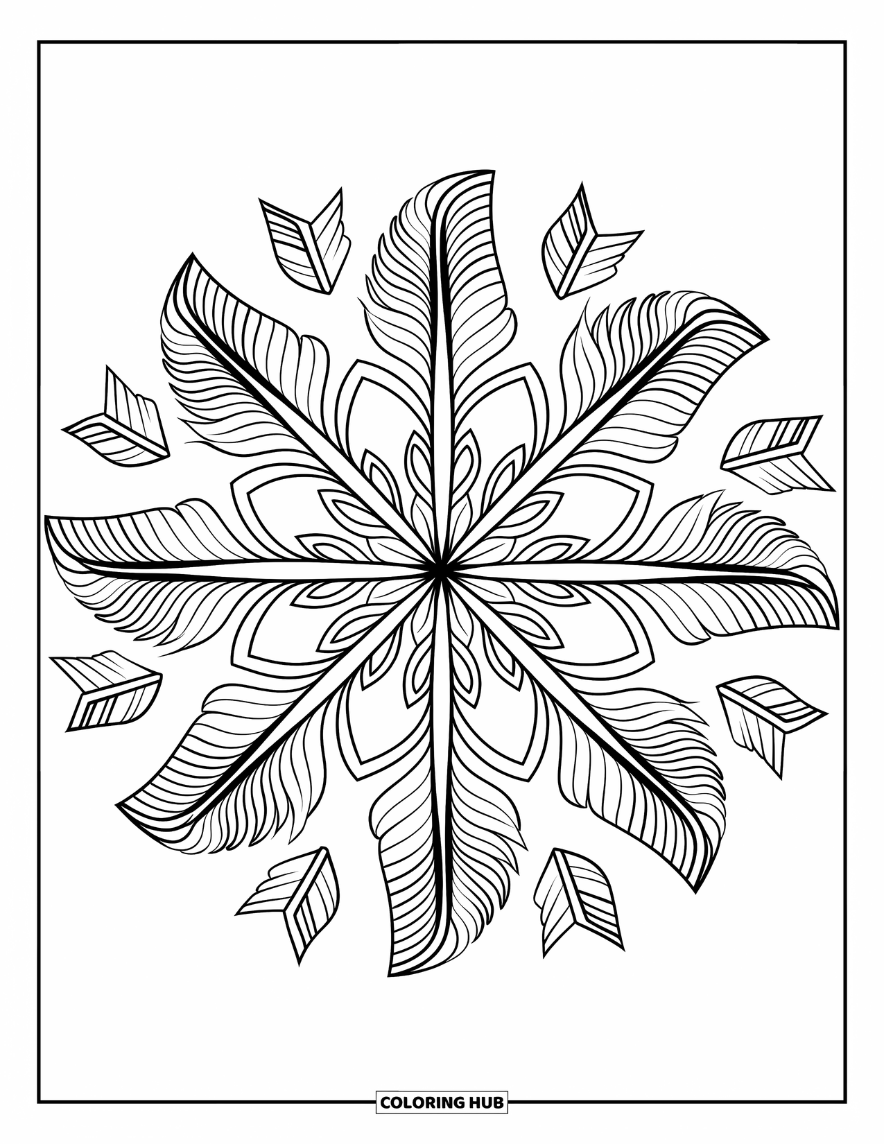 Kolorowanka Mandala dla dzieci: Mandala w stylu boho z strzałami, piórami i naturalnymi wzorami o zabawnym przepływie