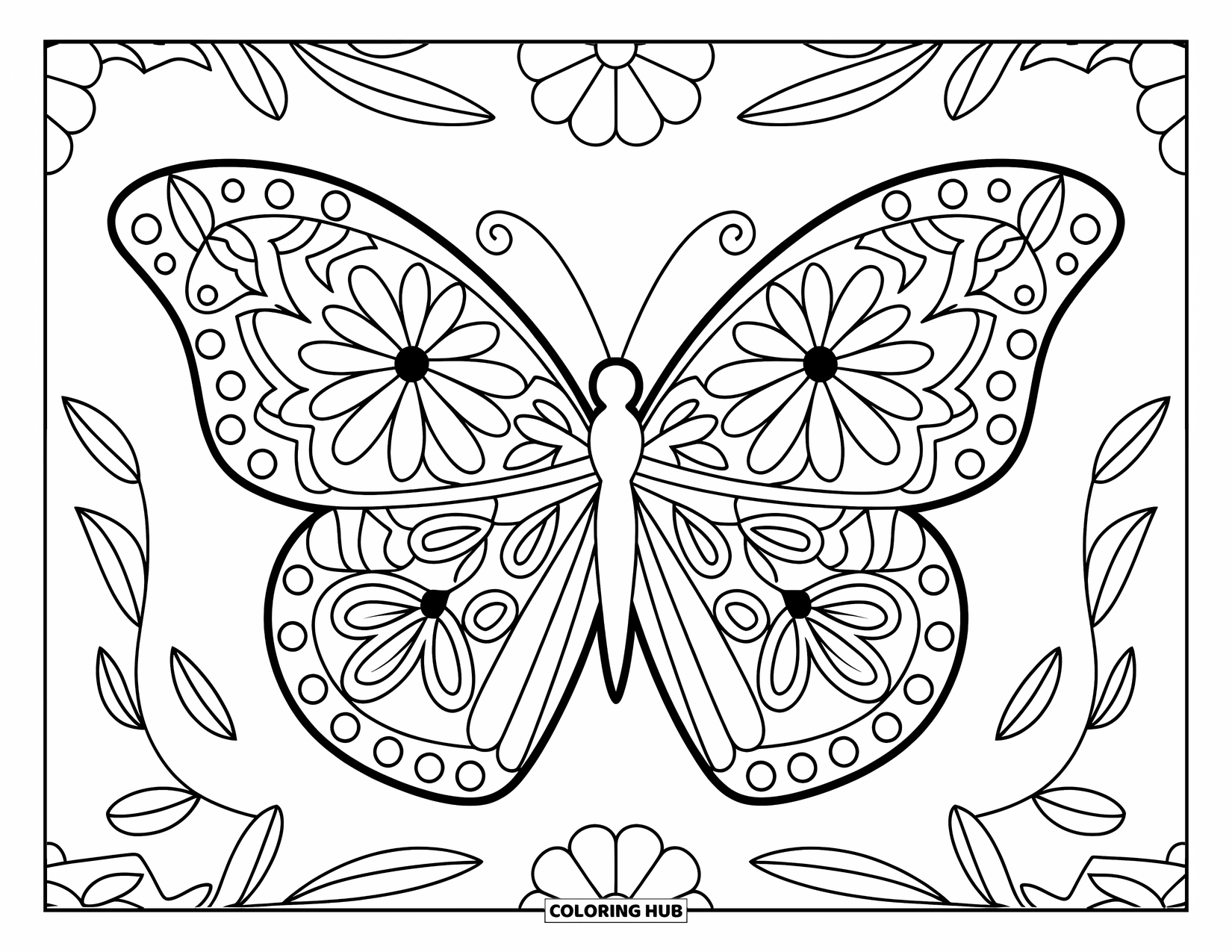 Kolorowanka Mandala dla dzieci: Motyl z kwiatowymi skrzydłami i zakręconymi pnączami w słodkim, symetrycznym wzorze