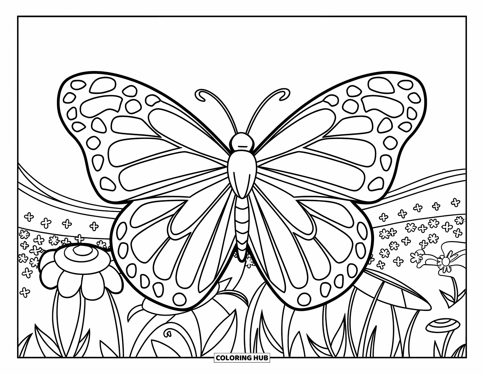 Kolorowanka Mandala dla dzieci: Motyl z płatkowymi skrzydłami odpoczywający na jasnym i ukwieconym polu