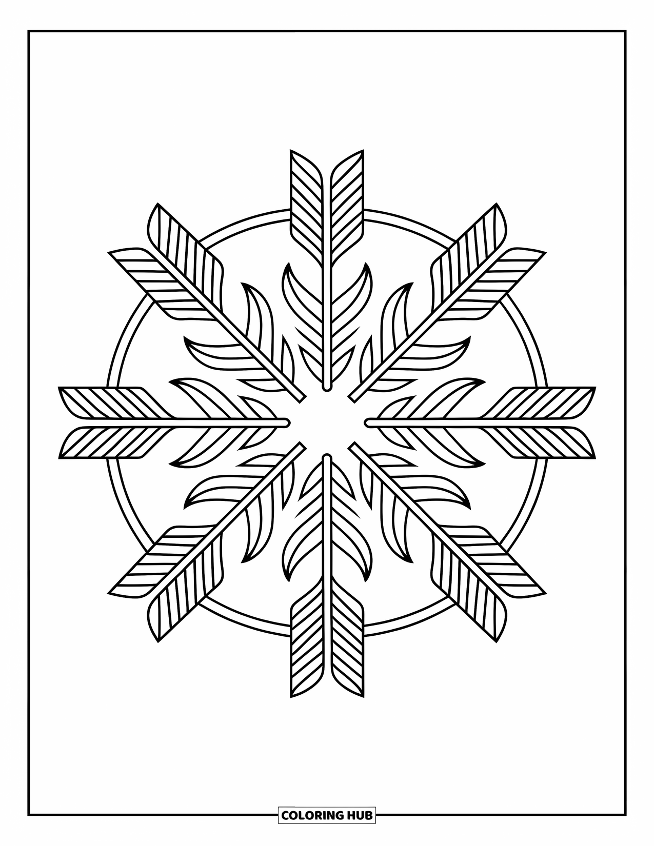 Kolorowanka Mandala dla dzieci: Okrągła mandala z pióropuszami strzał i płynnymi liniami inspirowanymi stylem boho