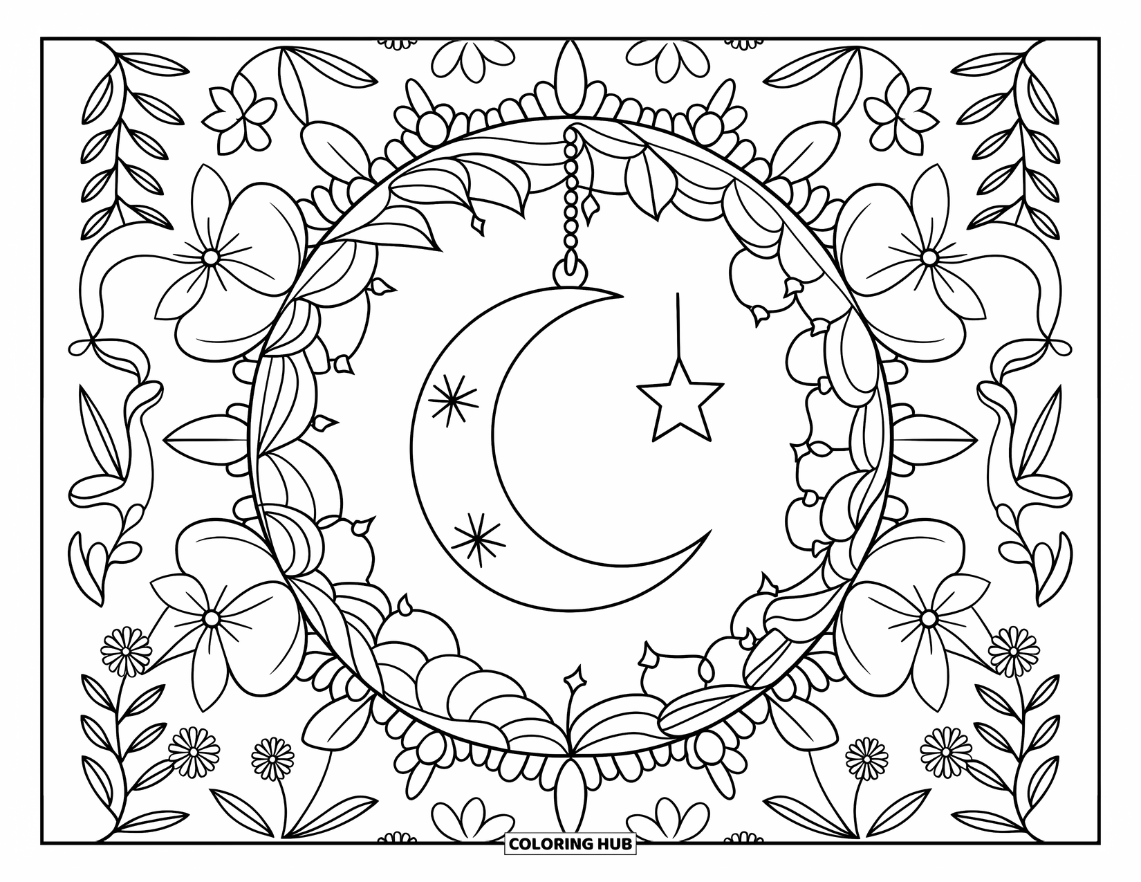 Kolorowanka Mandala dla dzieci: Półksiężyc z gwiazdą i tłem wypełnionym kwiatami i liśćmi