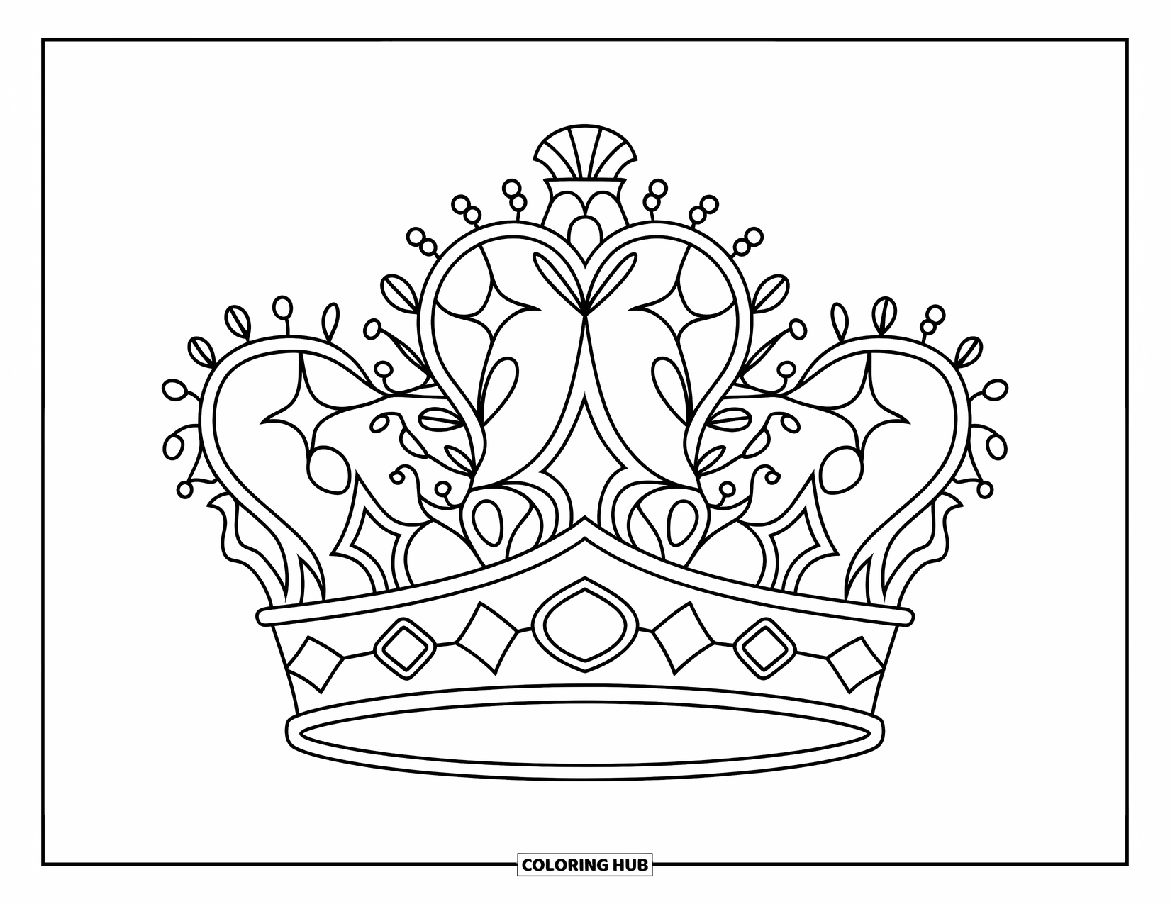 Kolorowanka Mandala dla dzieci: Korona otoczona kwiatami, gwiazdami i klejnotami w uroczym, okrągłym wzorze