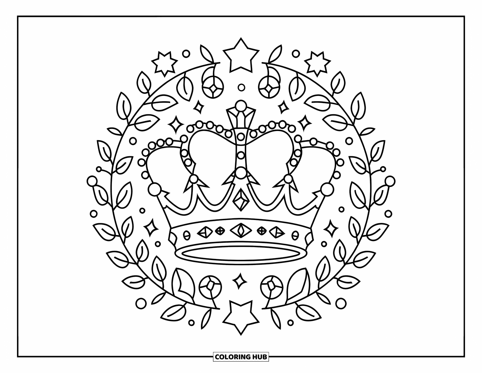Kolorowanka Mandala dla dzieci: Korona z kwiatowymi pnączami, gwiazdami i brakującymi klejnotami w ładnym, okrągłym układzie