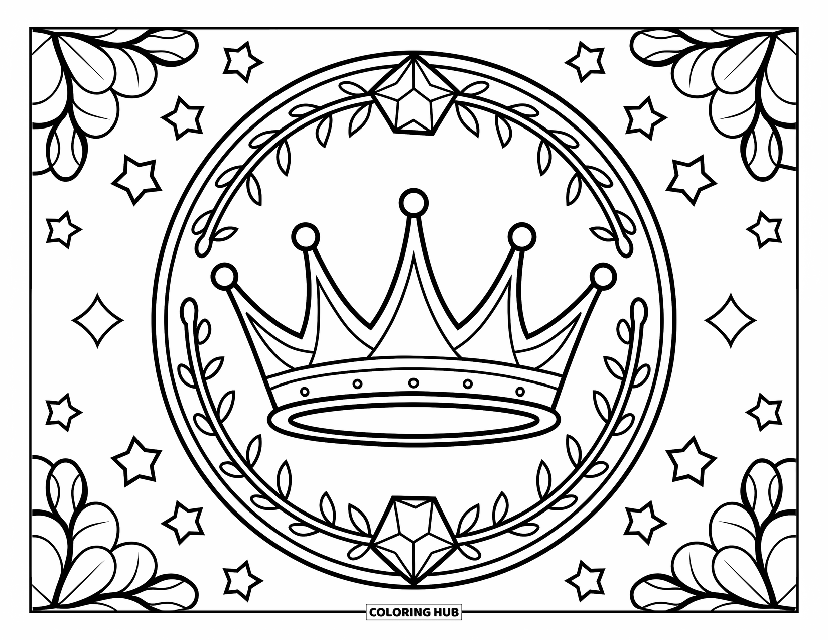 Kolorowanka Mandala dla dzieci: Korona z kwiatami, gwiazdami i błyszczącymi kształtami klejnotów w okrągłym wzorze