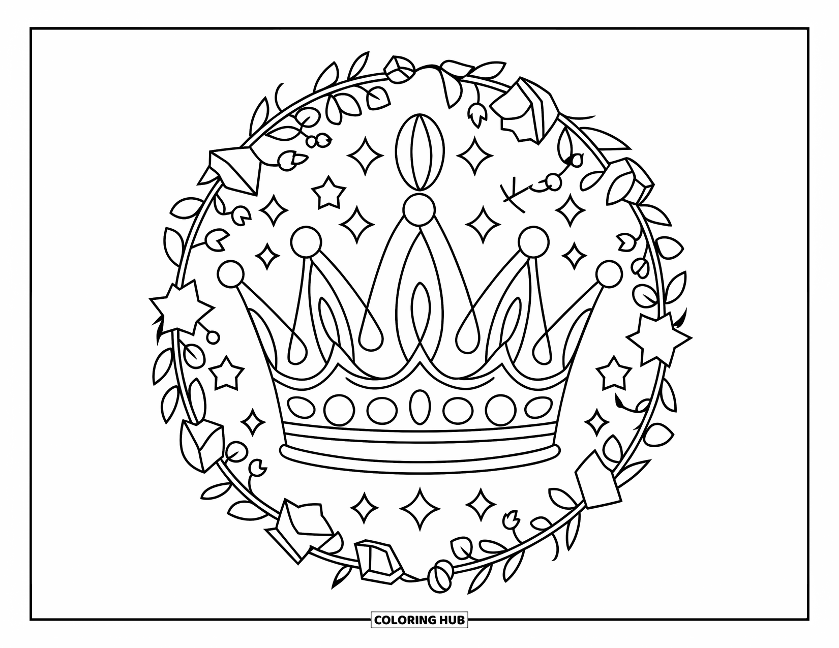 Kolorowanka Mandala dla dzieci: Korona owinięta pnączami z kwiatami, gwiazdami i klejnotami dookoła