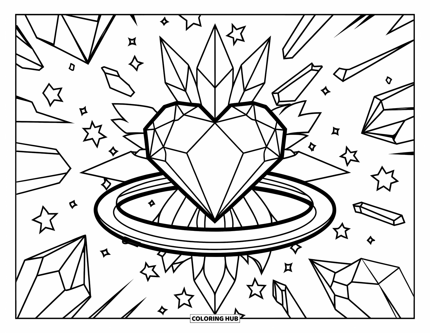 Kolorowanka Mandala dla dzieci: Kryształowe serce otoczone odłamkami klejnotów, gwiazdami i miękkimi płatkami w pierścieniu