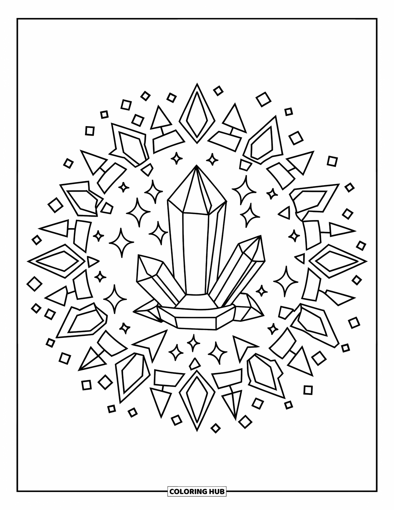 Kolorowanka Mandala dla dzieci: Kryształ z szlifami klejnotów, trójkątami i iskierkami ułożonymi spiralnie
