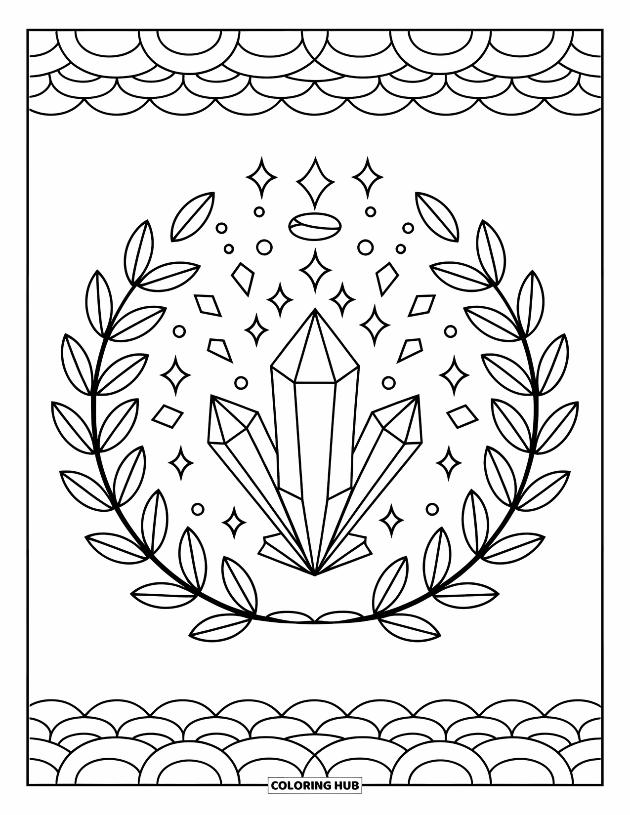 Kolorowanka Mandala dla dzieci: Kryształ ze spiralnymi klejnotami, trójkątnymi kształtami i liściastym obramowaniem