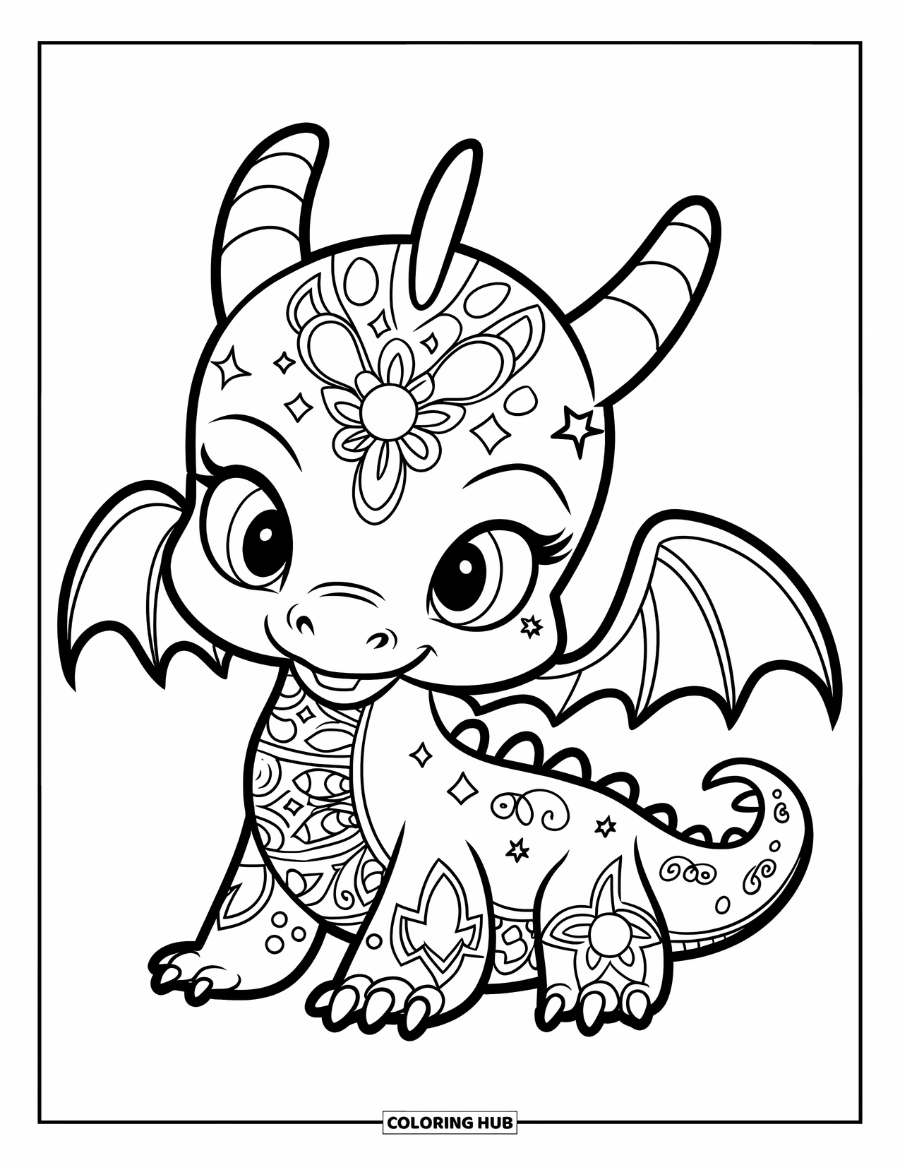 Kolorowanka Mandala dla dzieci: Słodki smoczek z ogniem i gwiazdkami tworzącymi magiczny wzór