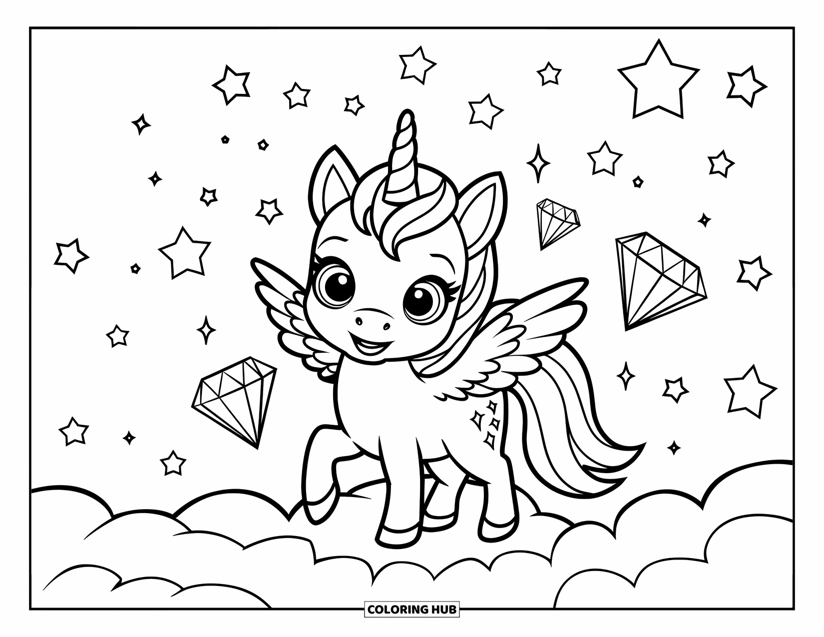 Kolorowanka Mandala dla dzieci: Słodki jednorożec na chmurce z gwiazdami, spiralami i iskierkami wokół niego
