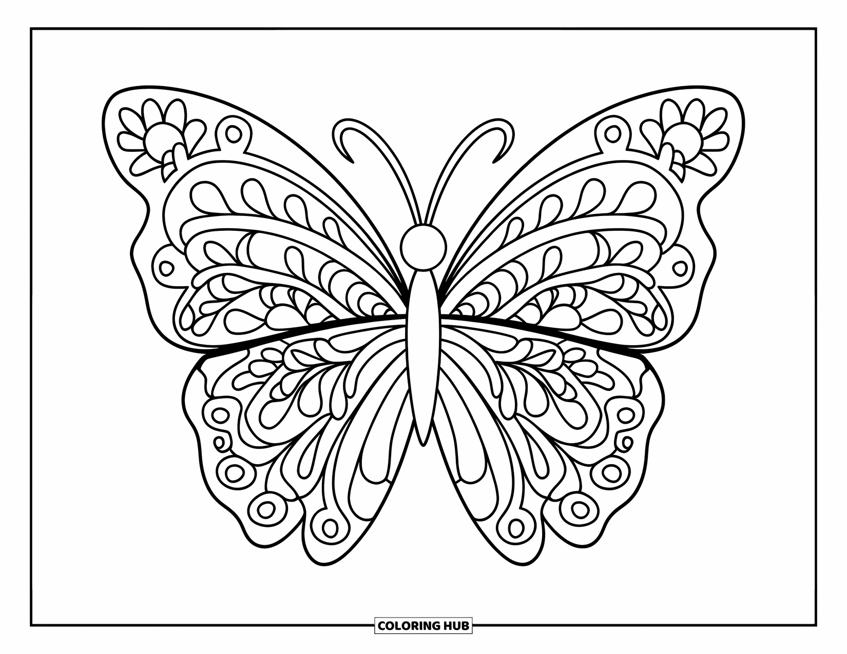 Kolorowanka Mandala dla dzieci: Słodki motyl w centrum z liściastymi pnączami i skrzydłami w kształcie kwiatów