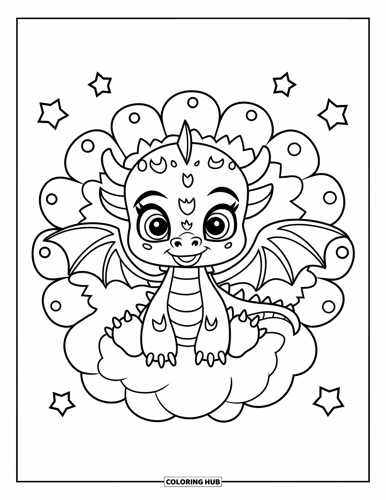 Kolorowanka Mandala dla dzieci: Smok na chmurze z wirującymi kształtami ognia, skrzydłami i gwiazdami