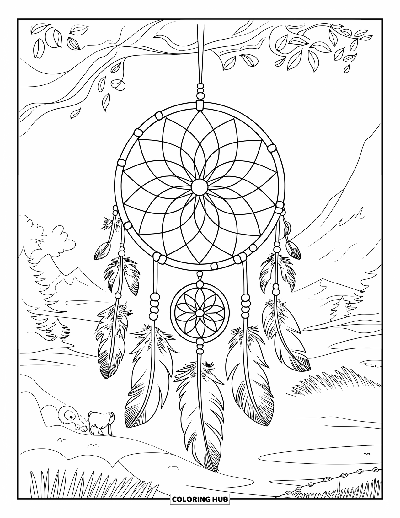 Kolorowanka Mandala dla dzieci: Łapacz snów na gałęzi ze zwierzętami i spokojnym górskim krajobrazem
