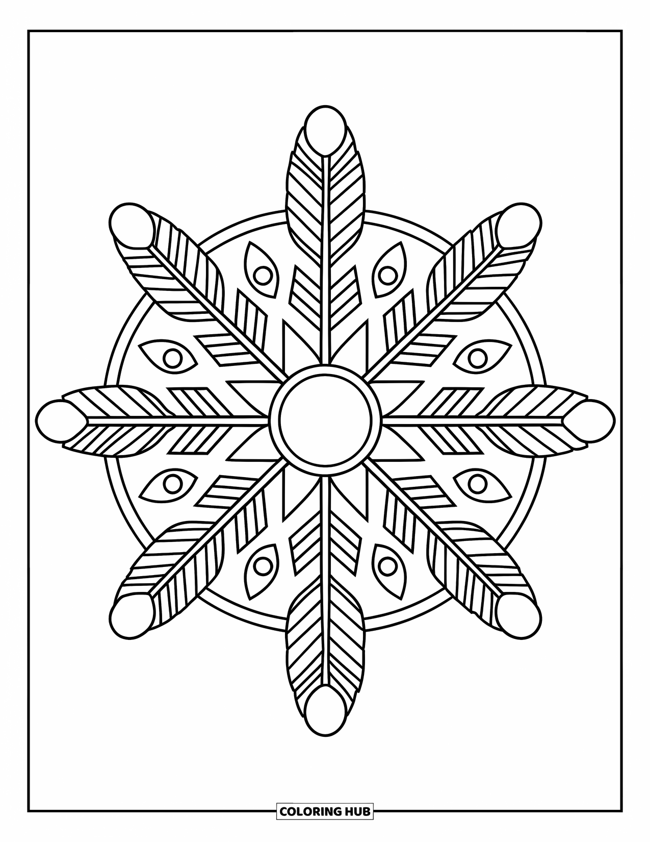 Kolorowanka Mandala dla dzieci: Pióropusze strzał tworzą mandalę w stylu boho z pnączami, piórami i miękkimi kształtami