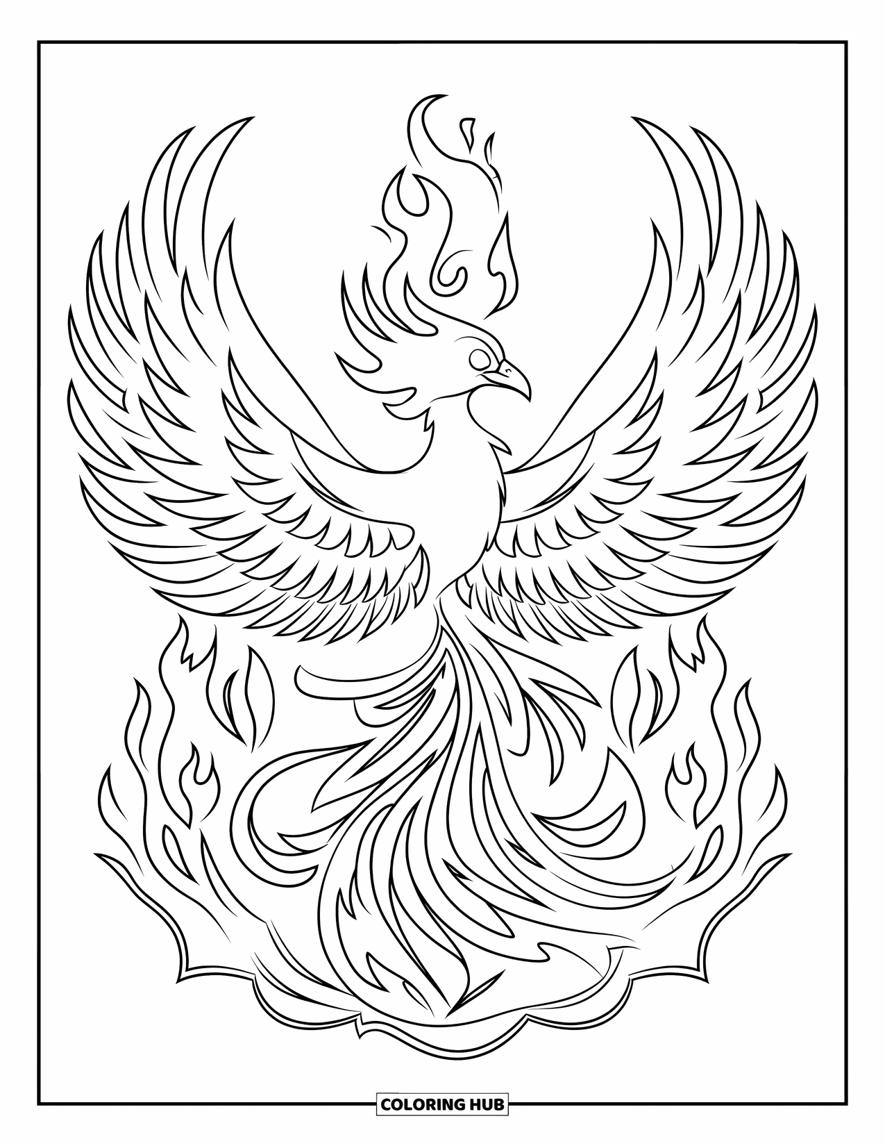 Kolorowanka Mandala dla dzieci: Ognisty feniks z wirującymi płomieniami i piórami tworzącymi odważną mandalę